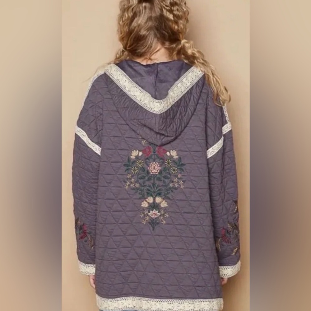 New POL Embroidered Quilted Hooded Jacket with crochet Lace Trim